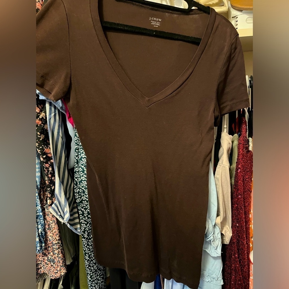 J. Crew V- Neck Cotton Brown Stretchy Fitted Shirt